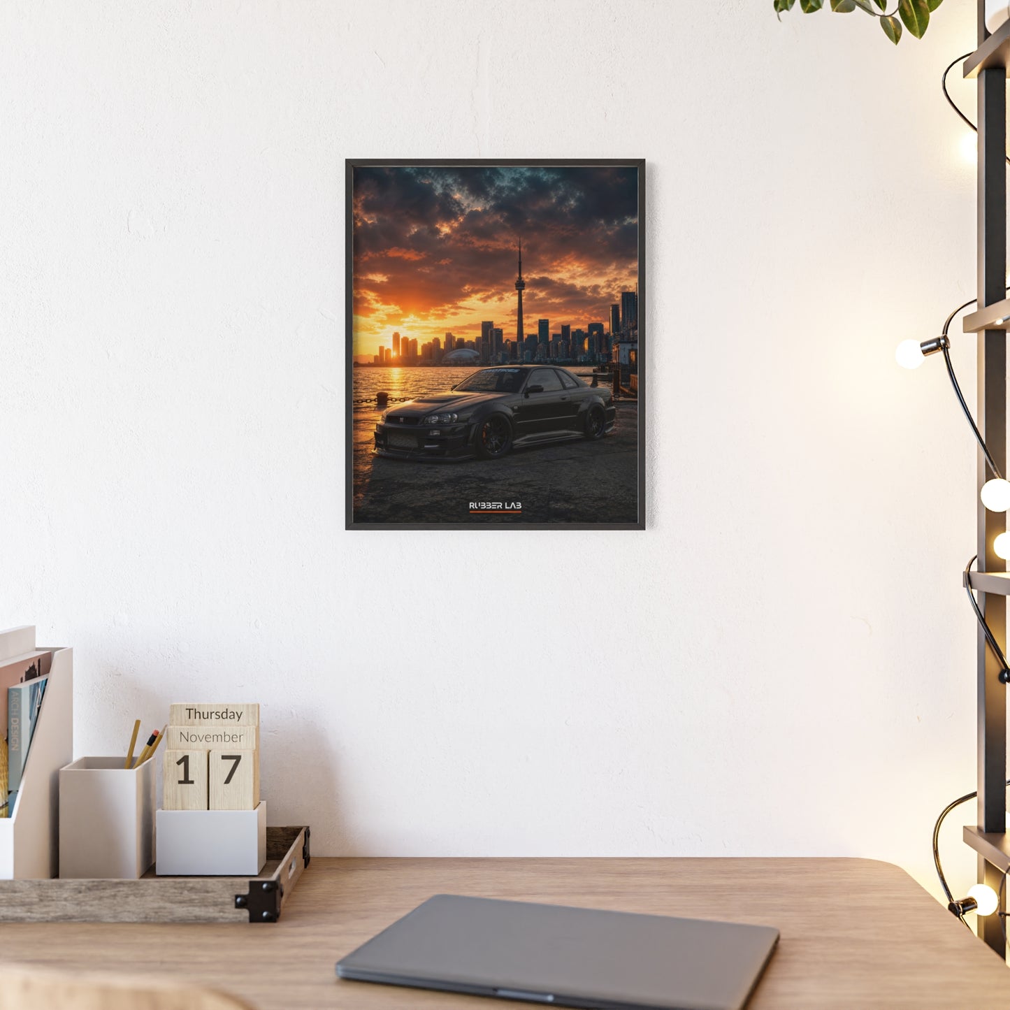 Sunset Skyline Sports Car Poster with Wooden Frame