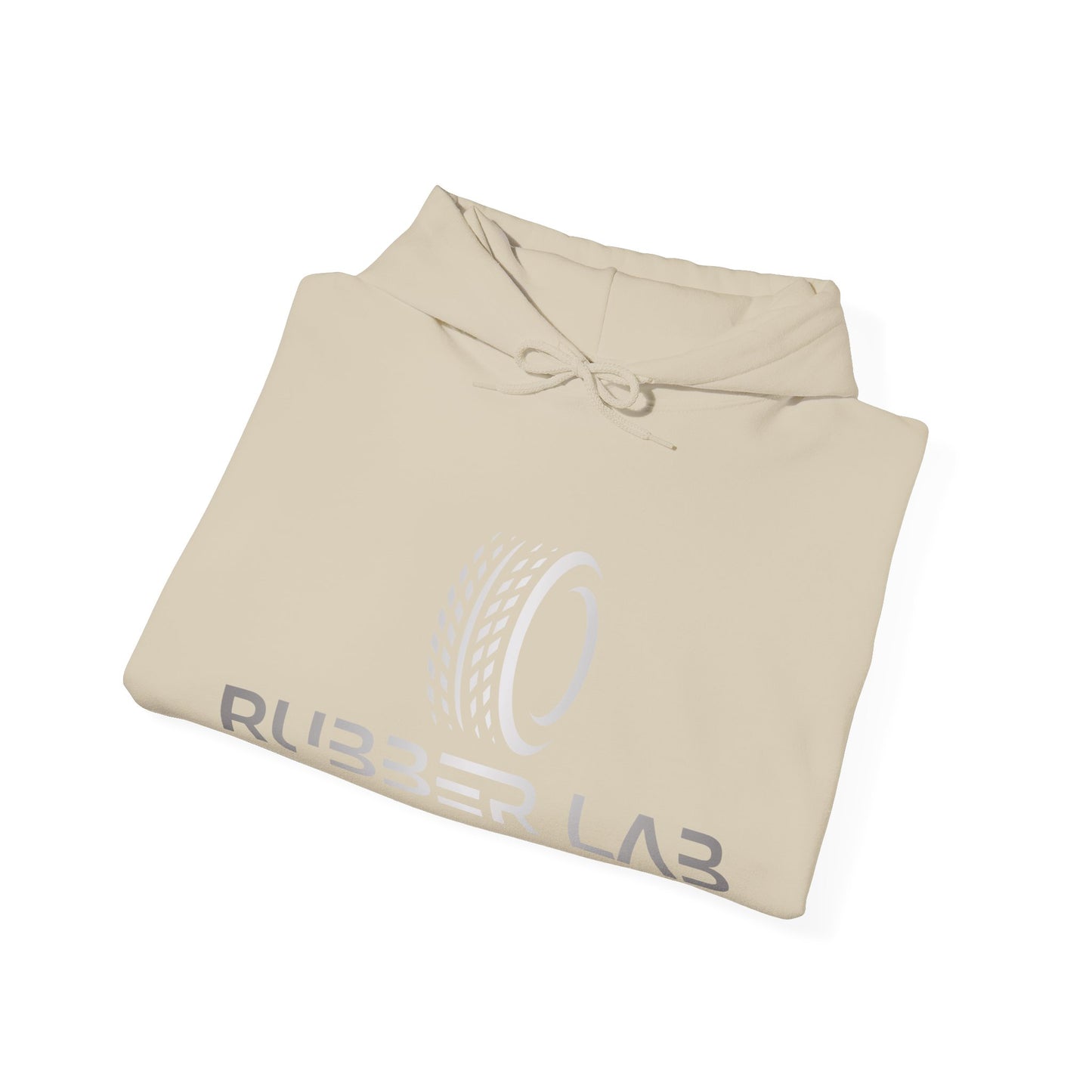 Rubber Lab Logo Hoodie — Minimalist White Graphic Pullover with Sleeve Branding