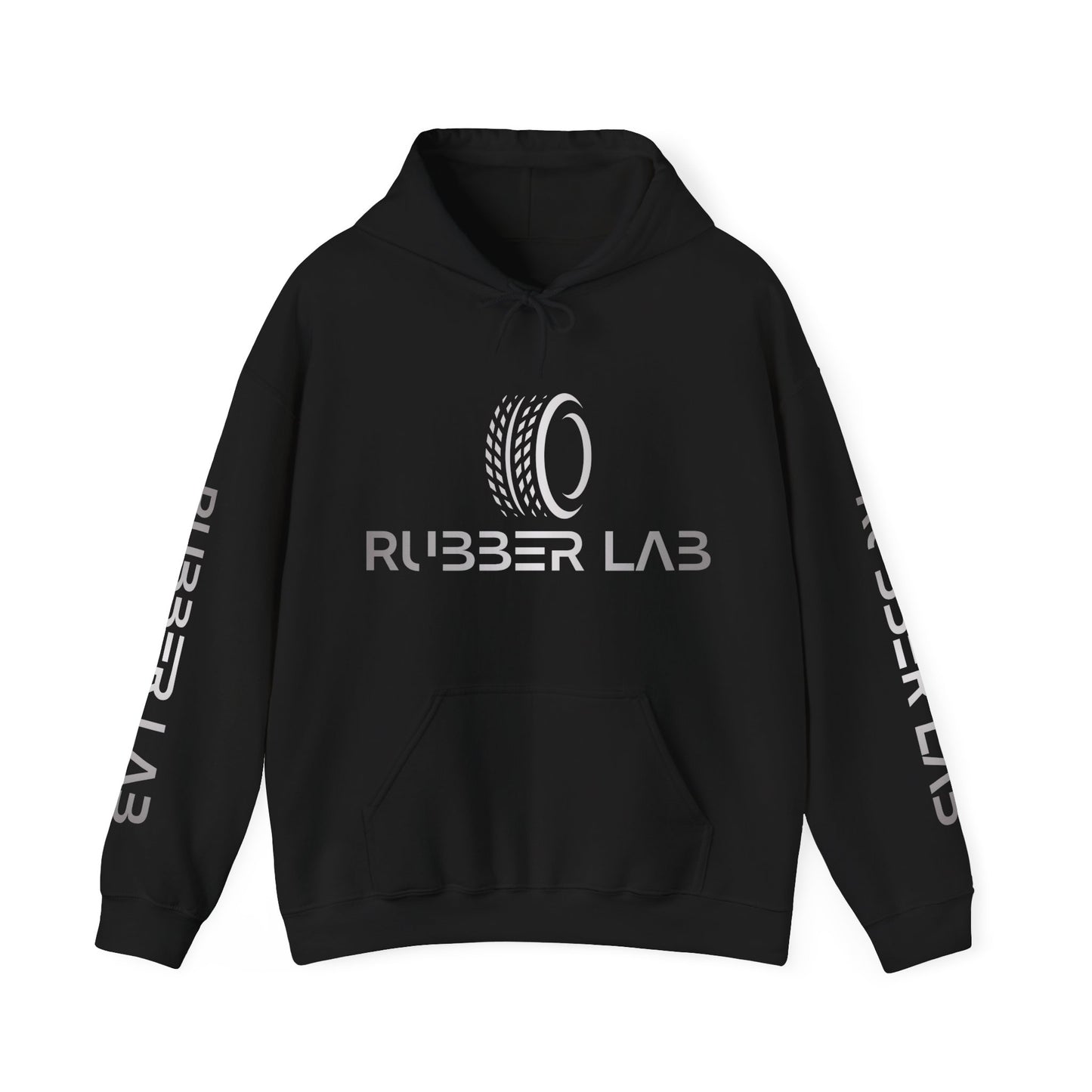 Rubber Lab Logo Hoodie — Minimalist White Graphic Pullover with Sleeve Branding
