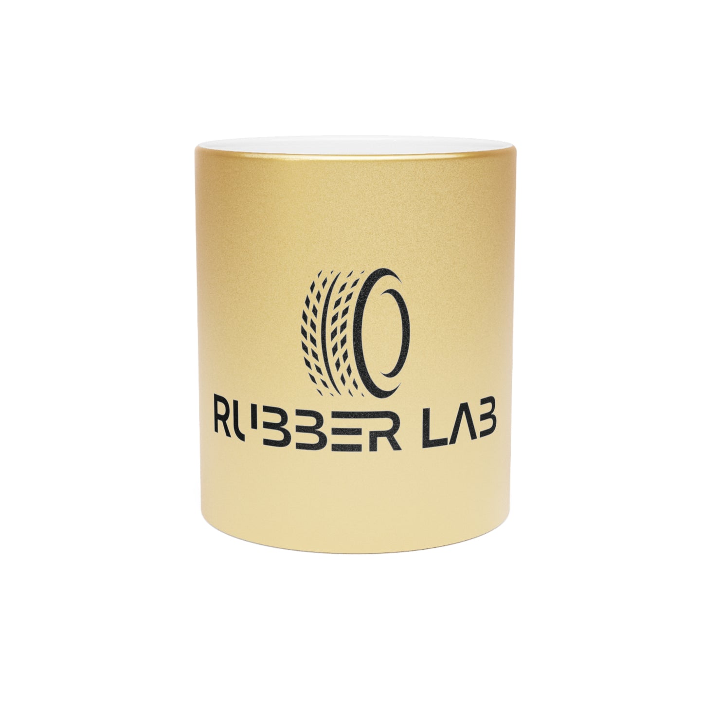 Rubber Lab Logo Metallic Mug — Silver/Gold Coffee Cup for Car Enthusiasts