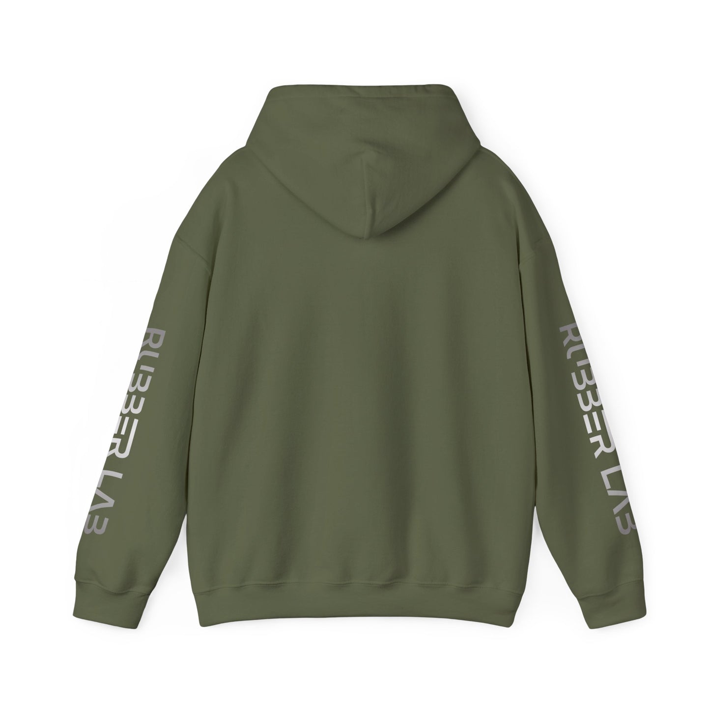 Rubber Lab Logo Hoodie — Minimalist White Graphic Pullover with Sleeve Branding