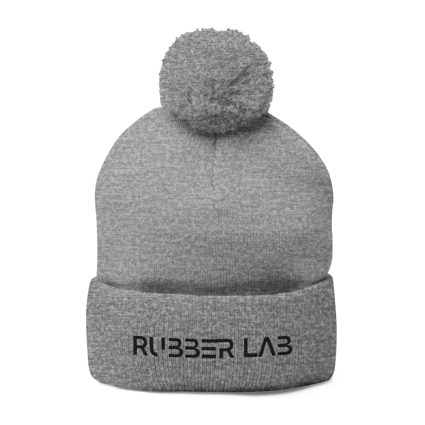 Embroidered Pom-Pom Knit Cap — Cozy Grey Beanie with 'RUBBER LAB' Logo