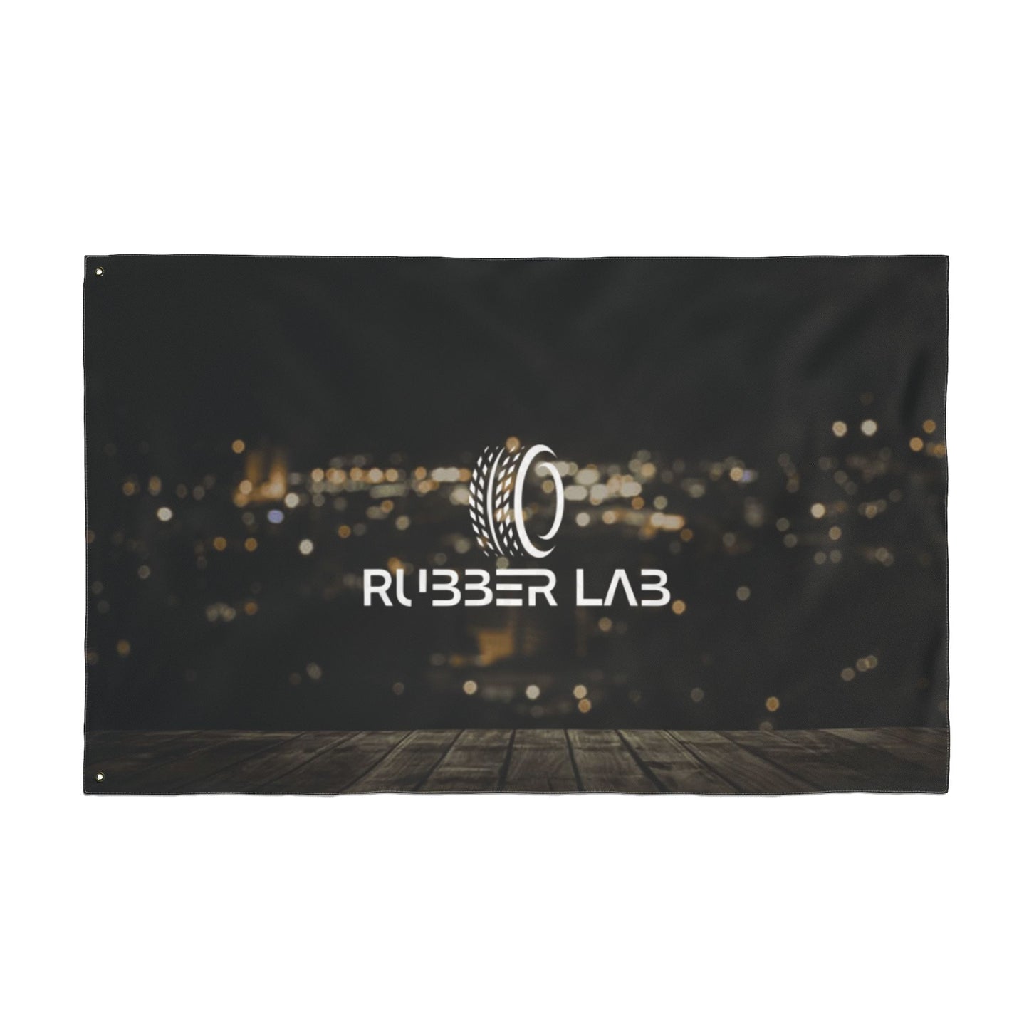 Double-Sided Logo Flag — Rubber Lab Night Skyline Outdoor Banner