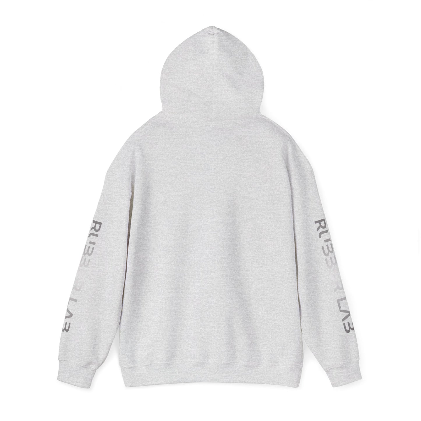 Rubber Lab Logo Hoodie — Minimalist White Graphic Pullover with Sleeve Branding