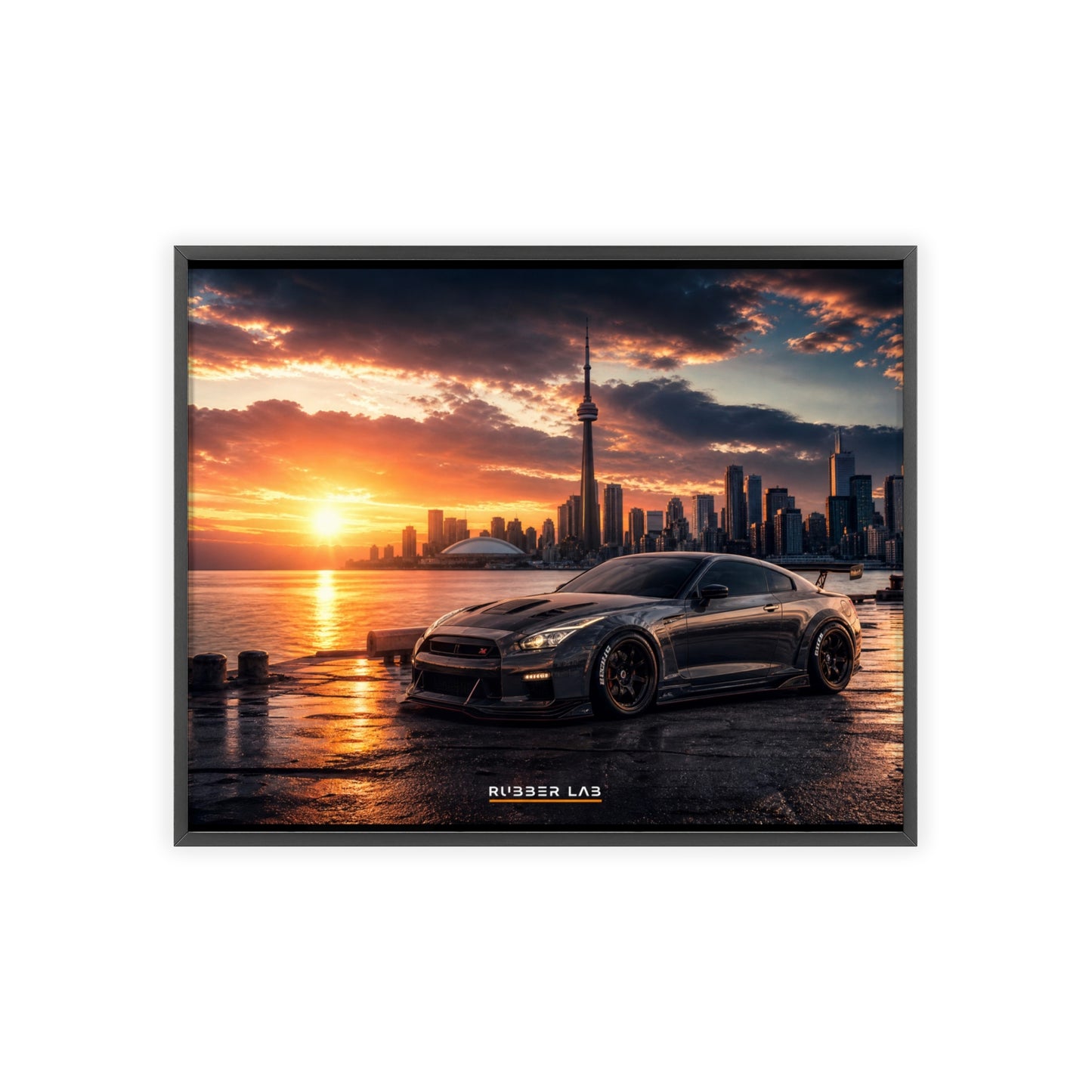 Sunset Skyline Sports Car Poster with Wooden Frame