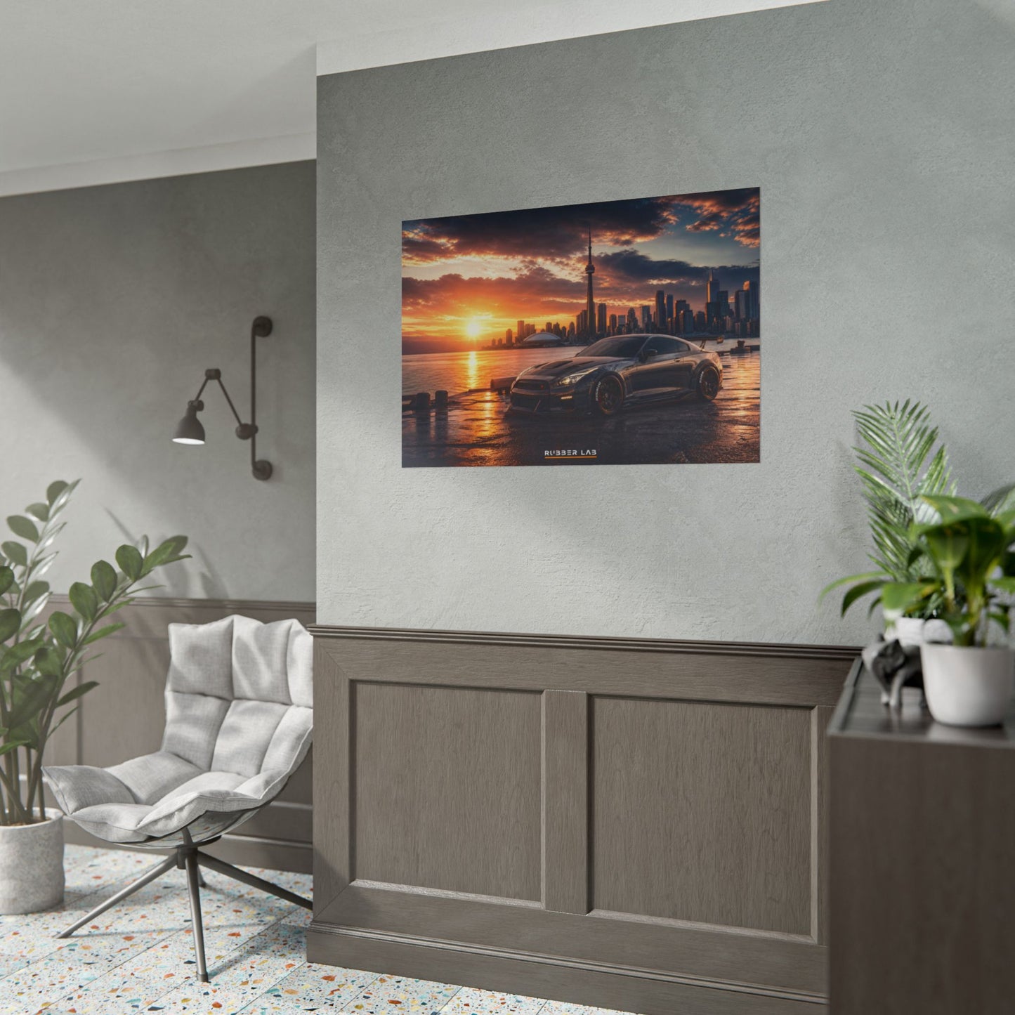 Sunset Skyline Sports Car Poster — Rolled Automotive Wall Art