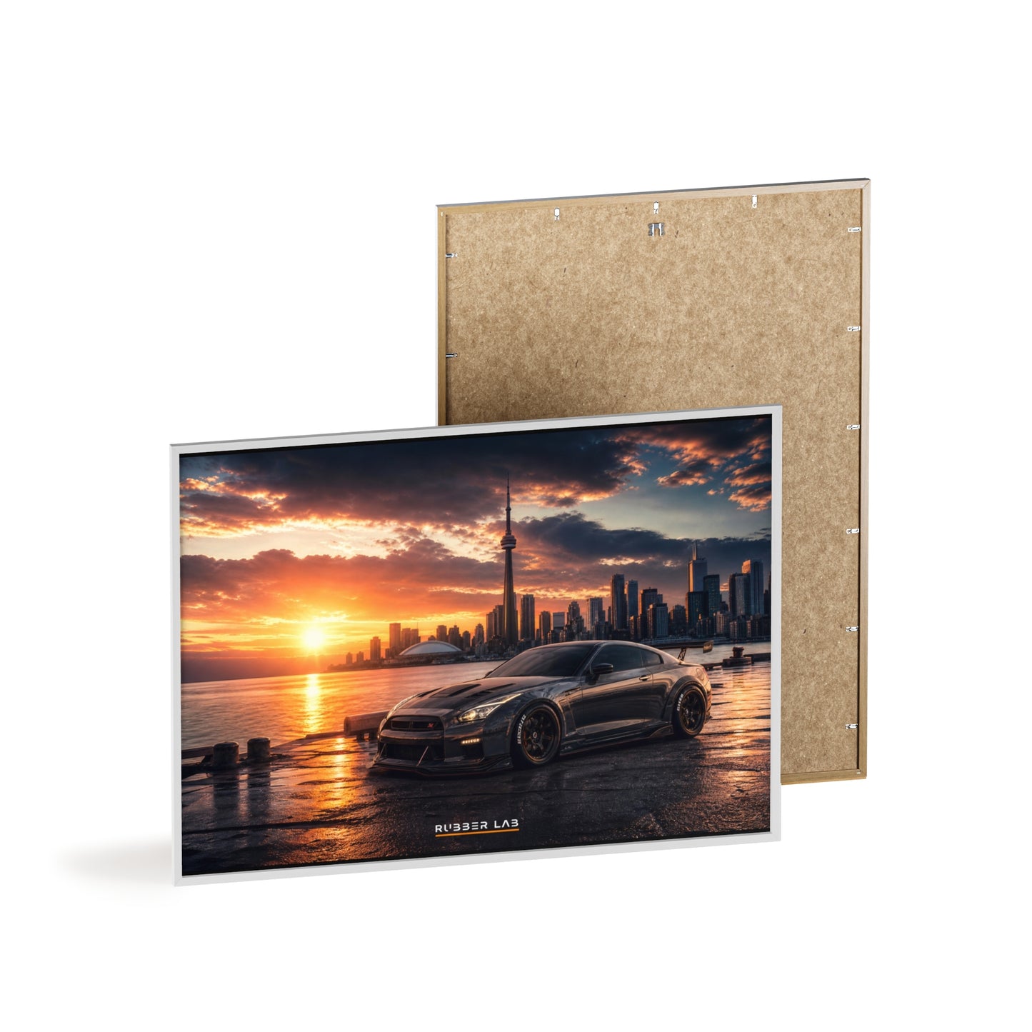 Sunset Skyline Sports Car Poster with Wooden Frame