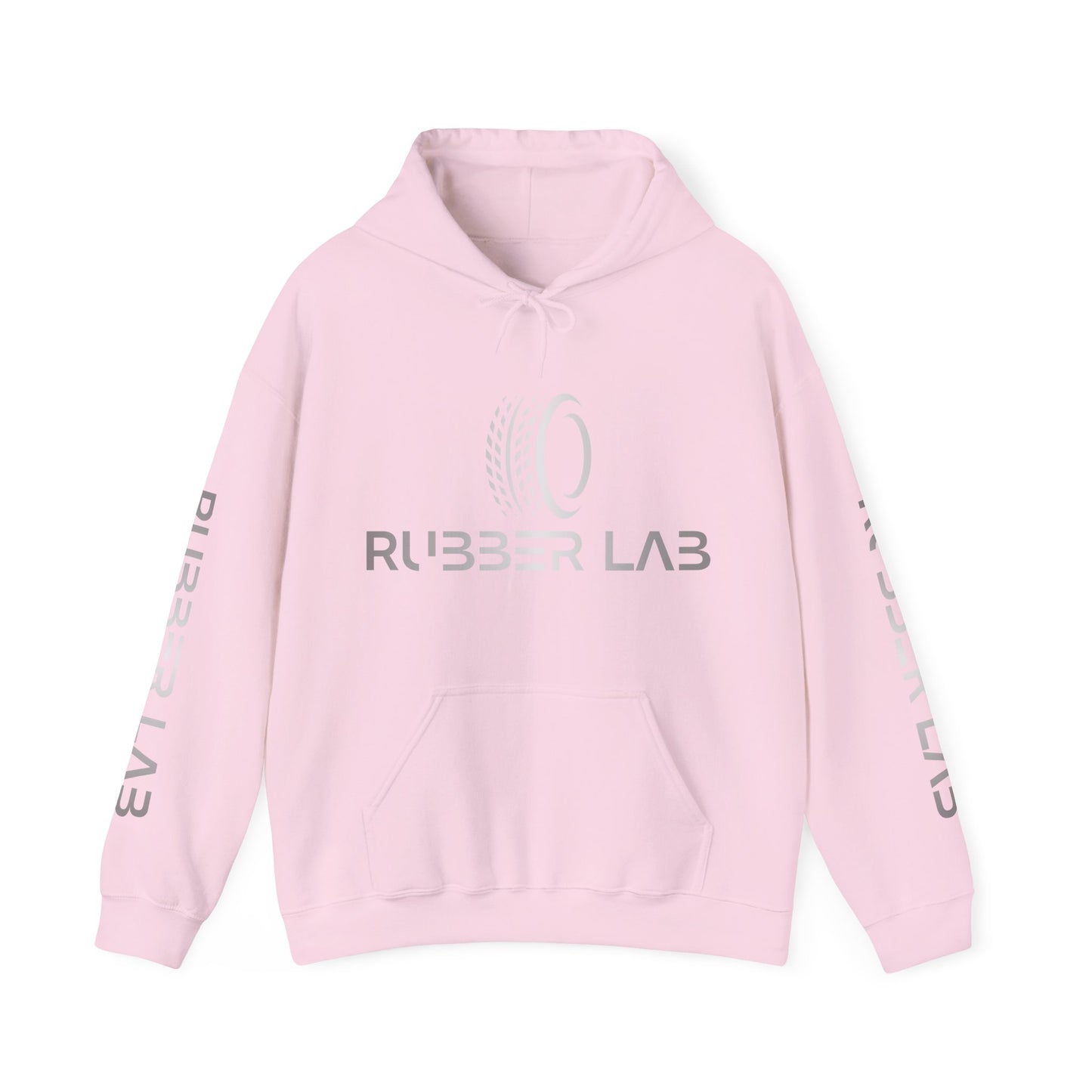 Rubber Lab Logo Hoodie — Minimalist White Graphic Pullover with Sleeve Branding