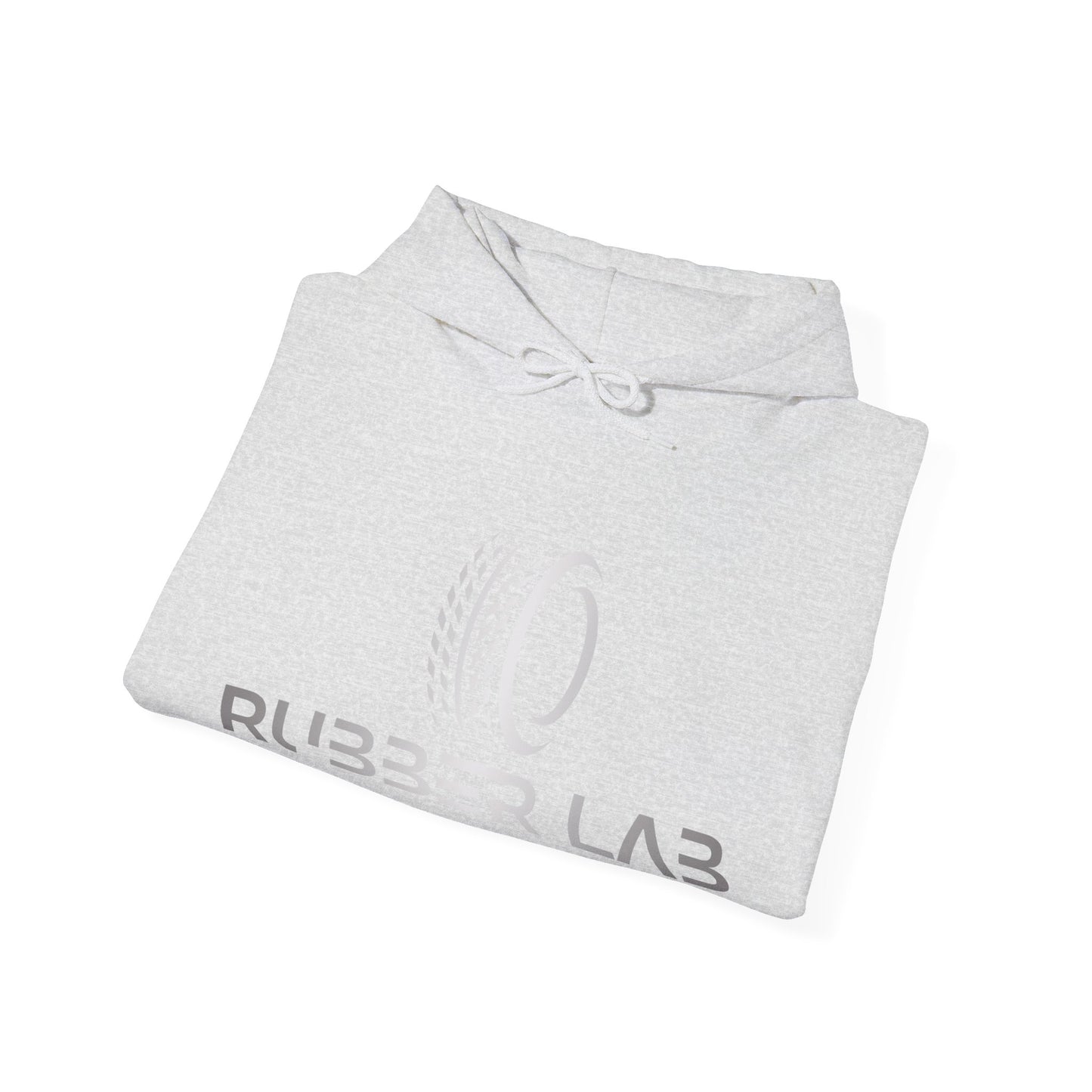 Rubber Lab Logo Hoodie — Minimalist White Graphic Pullover with Sleeve Branding