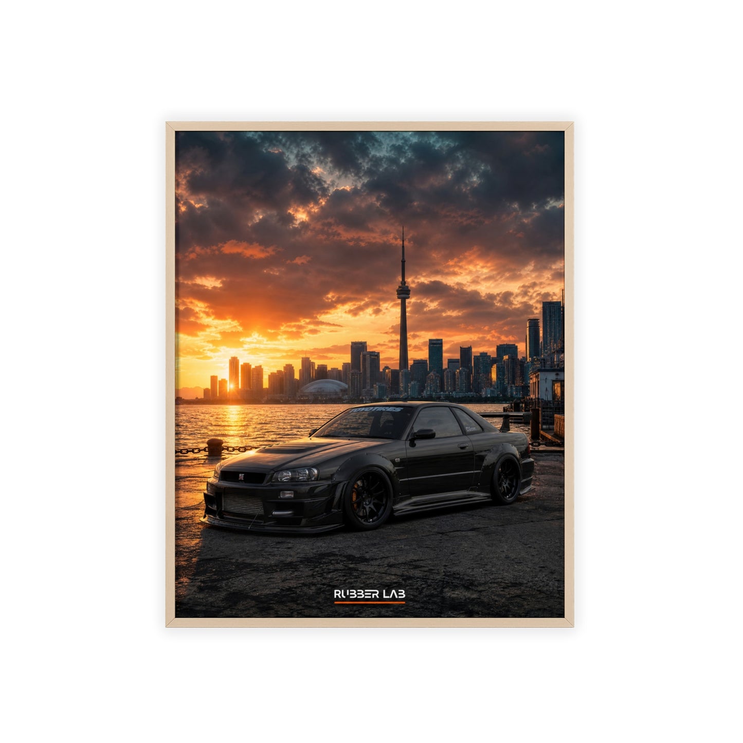 Sunset Skyline Sports Car Poster with Wooden Frame