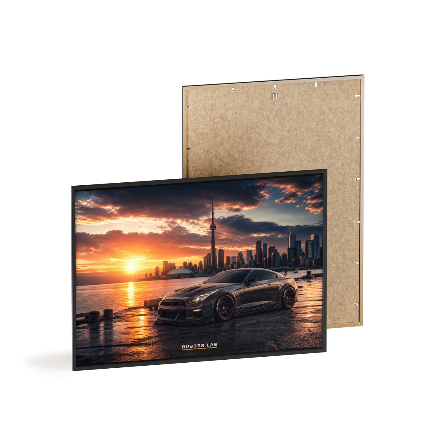 Sunset Skyline Sports Car Poster with Wooden Frame