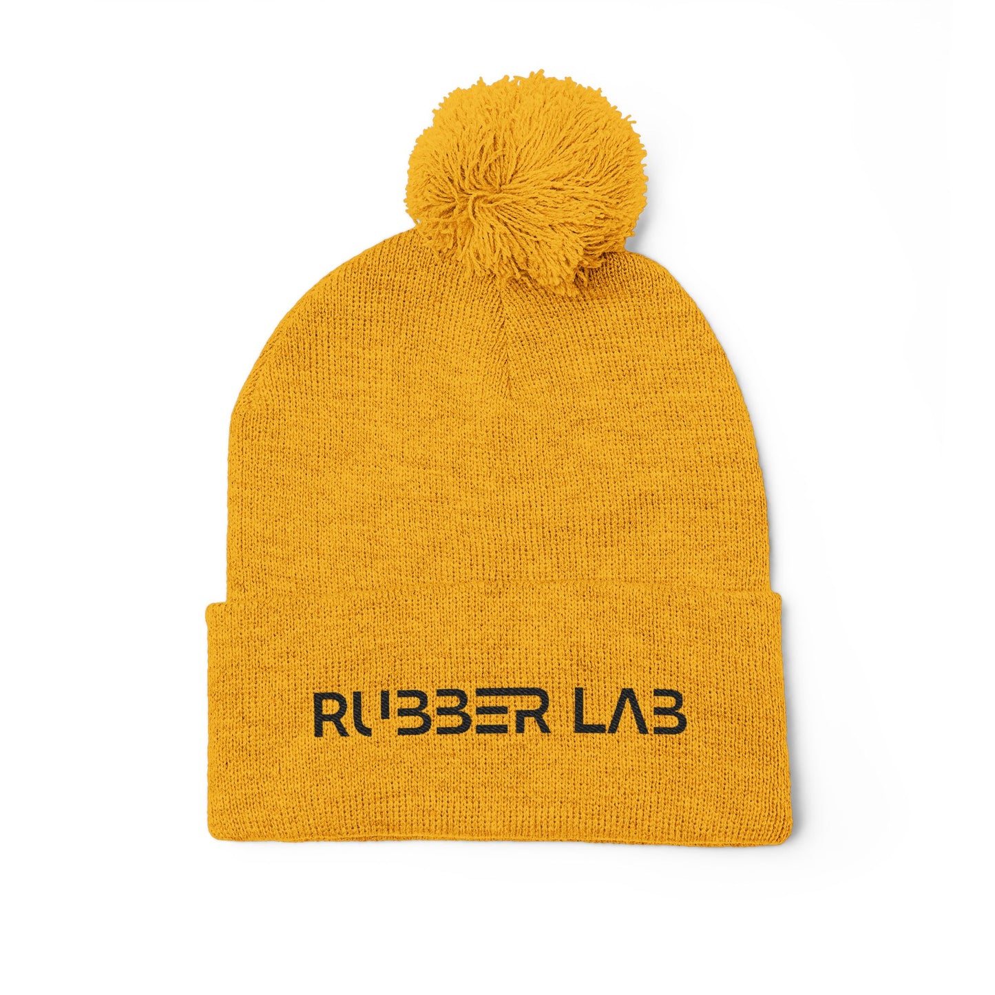 Embroidered Pom-Pom Knit Cap — Cozy Grey Beanie with 'RUBBER LAB' Logo