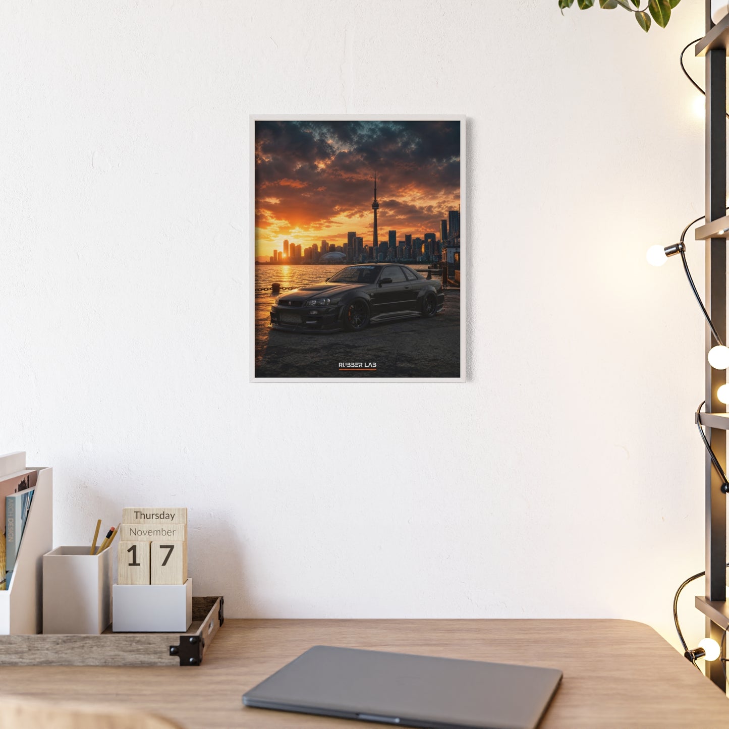 Sunset Skyline Sports Car Poster with Wooden Frame