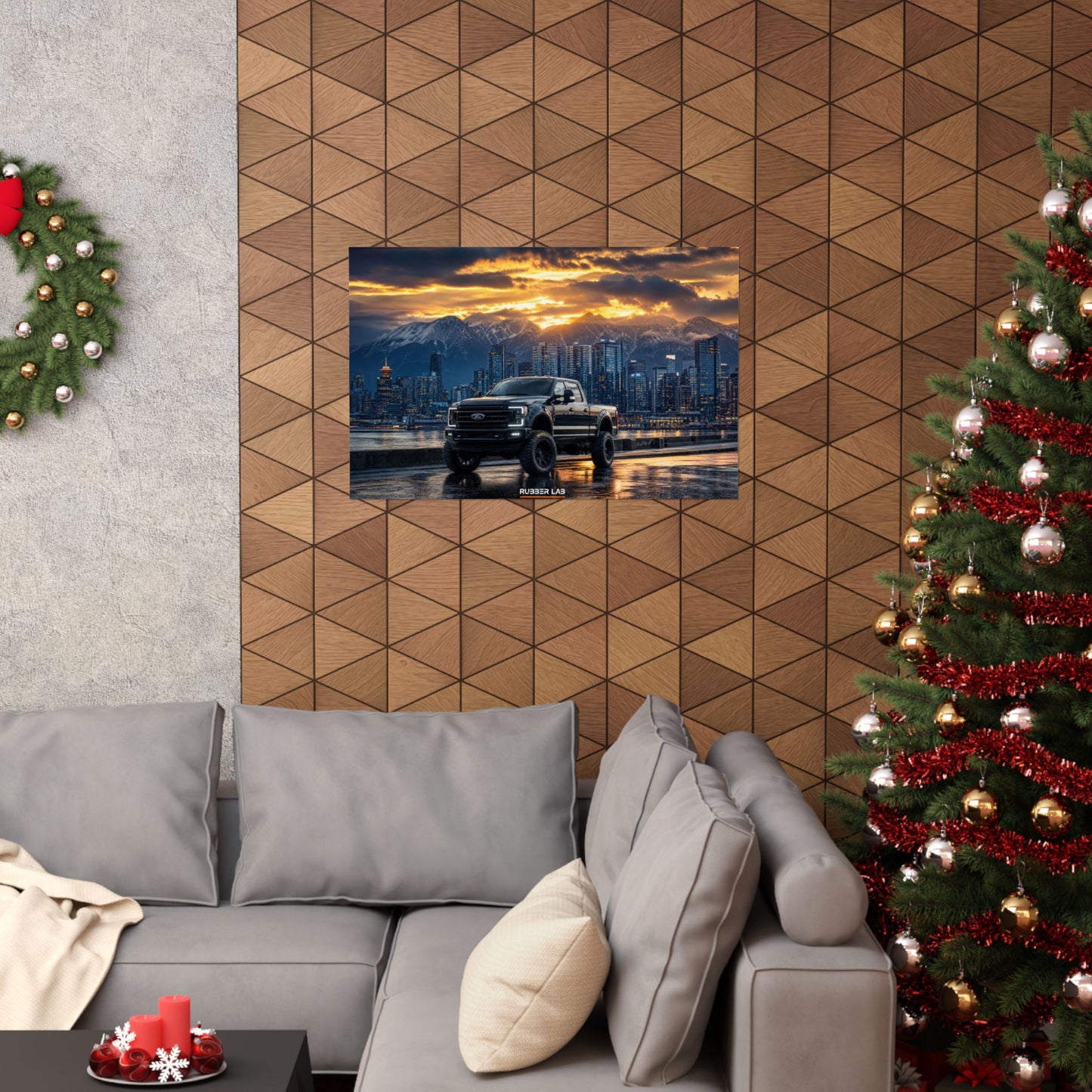 Lifted Black Pickup Truck Poster — Matte Horizontal Automotive Wall Art (Sunset Cityscape)