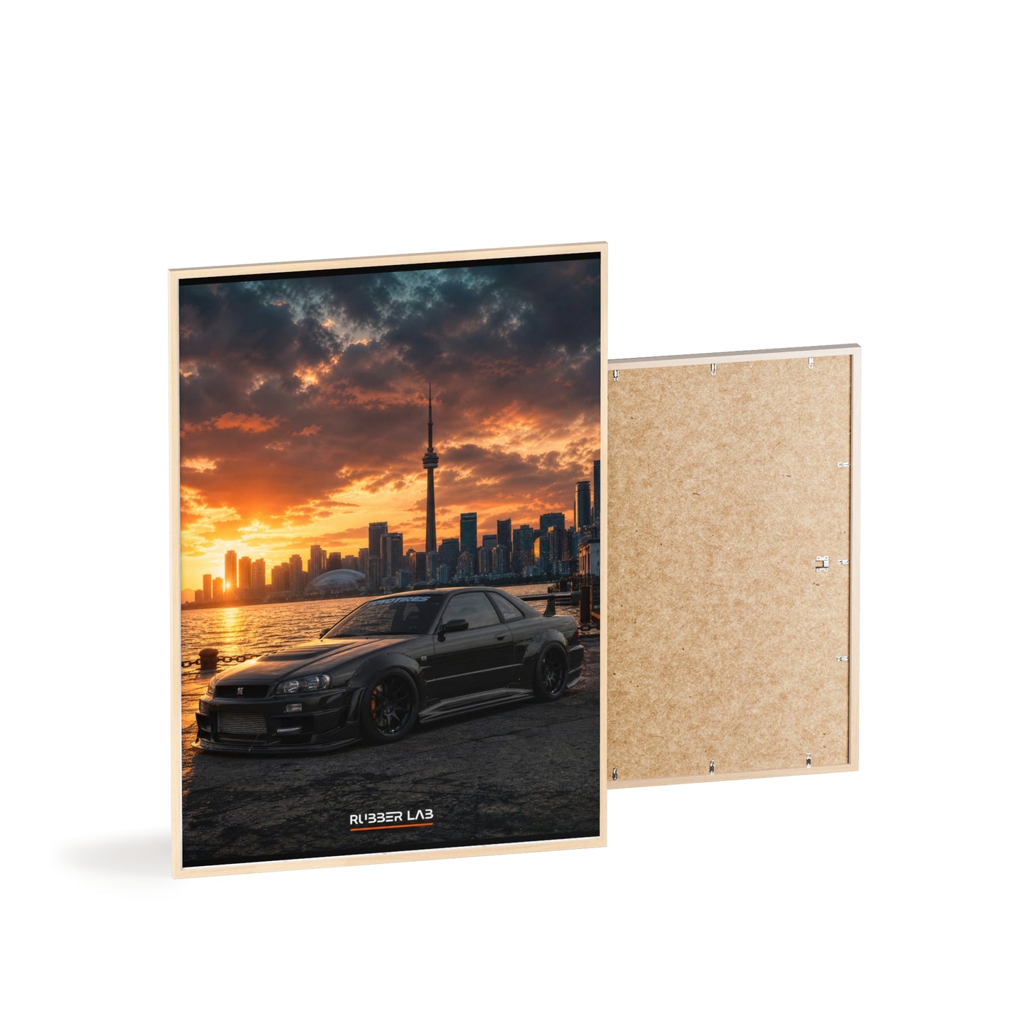 Sunset Skyline Sports Car Poster with Wooden Frame